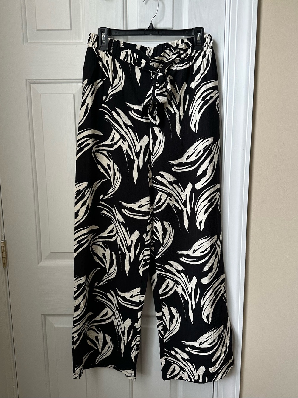 Primark Wide Leg Linen Black & Cream Printed Tie-Waist Pants
